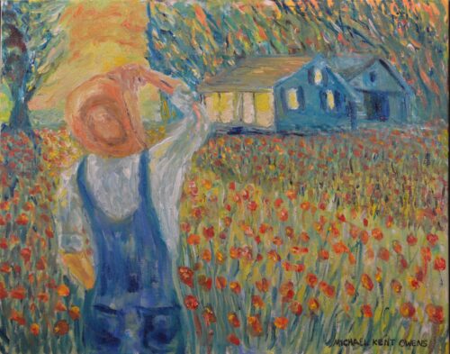 An oil painting of a man on the left wearing overhauls, a white shirt and and grasping his straw hat overlooks a large filed of red flowers. An old farmhouse is in the distance to the right.