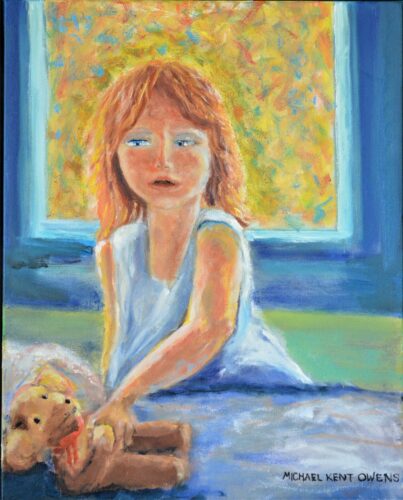 Oil painting of a young girl standing by a bed with a window behind her and hold the arm of a teddy bear.