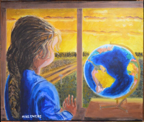 A painting of a young girl, in blue pajamas with a world globe on a small table to her right, gazing out a window. Outside the window is a rural dirt road and a sunset.