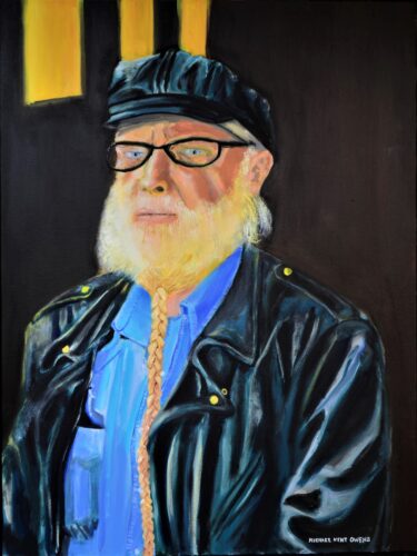 Oil painting portrait, above the waist, of a man with blonde hair and a long blond bear, wearing a leather cap, a blue denim western shirt and a leather motorcycle jacket with a dark background.