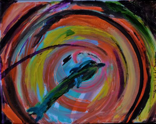 abstract painting of a green dolphin leaping into concentric circles of blue, pink, yellow and black a