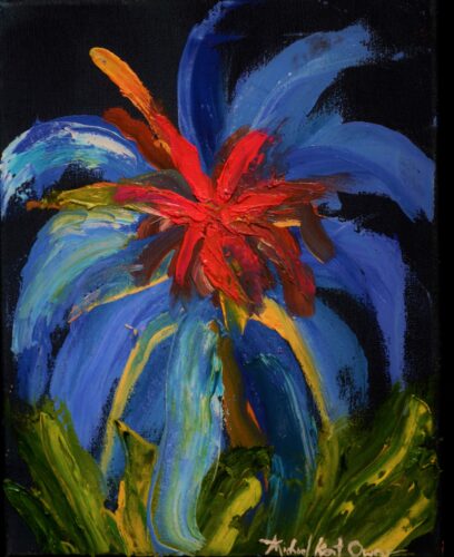 painting, black canvas red flower with blue, yellow and green leaves