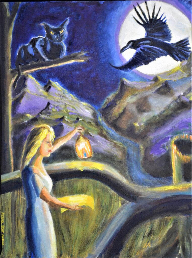 oil painting, in the lower left, a girl outdoors in the dark, holding a lantern and a map, upper left, a black cat in a tree, upper right a raven with a full moon behind him, hills and a river in the distance