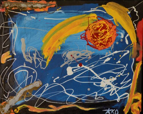 Painting of outer space black canvas, blue cloud center, upper right hand corner a red planet and a yellow dolphin leaping into space.