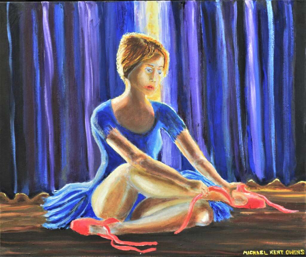 Oil Painting of a ballerina in a blue dress sitting on a stage floor tying her pink ballet shoes. Stage curtain behind her is blue and purple, slightly open, with stage light coming through the opening.